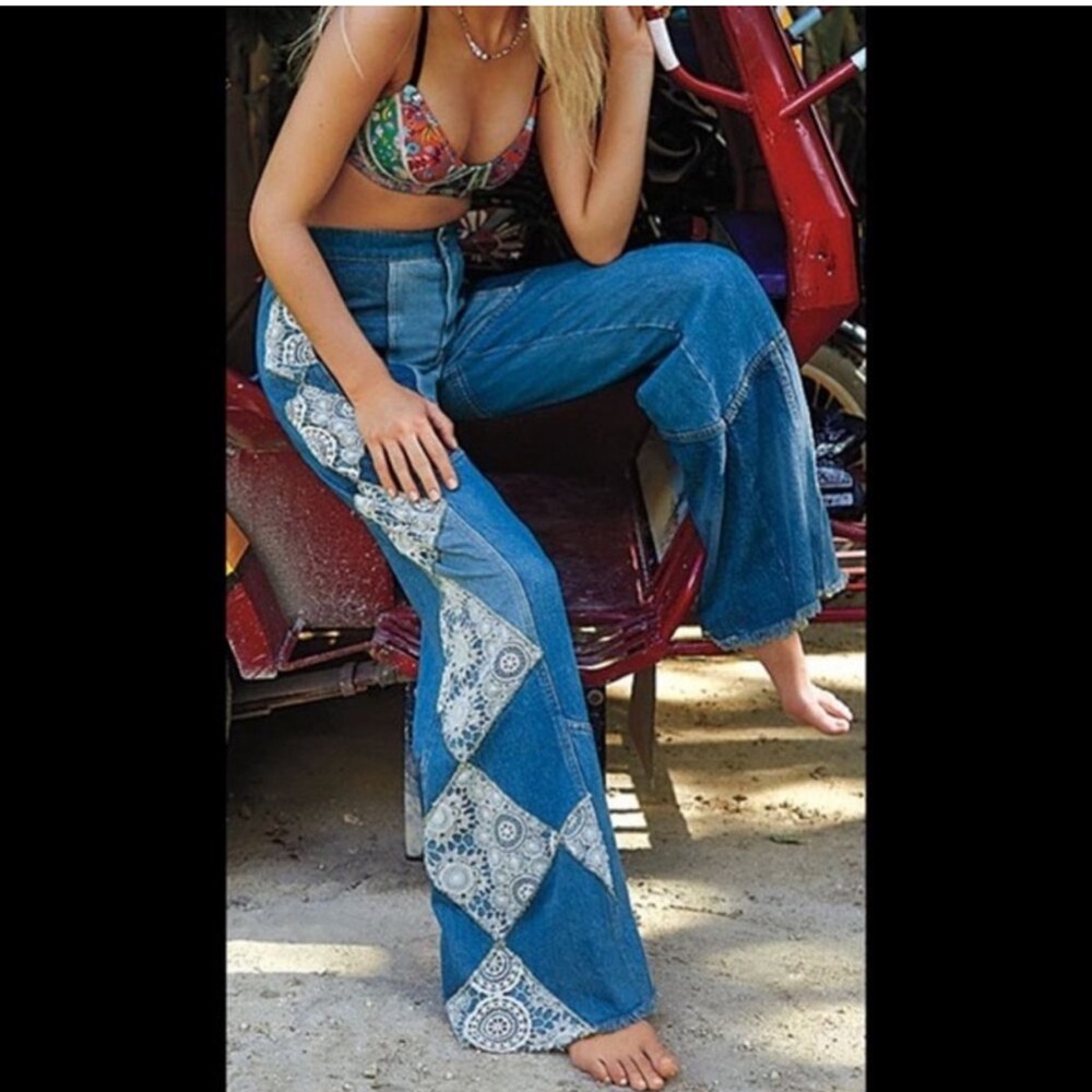WE THE FREE embroidered lace Patchwork Blue denim flare wide leg Jeans